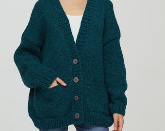 Hand knit oversize woman sweater Mohair sweater button front cardigan pocket Dark Forest Green