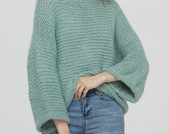 Hand knit woman sweater OVERSIZED mohair cropped sweater top pullover Jade green sweater