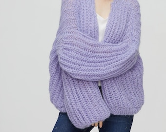 Hand knit woman sweater mohair cardigan Lilac sweater top puffy sleeves