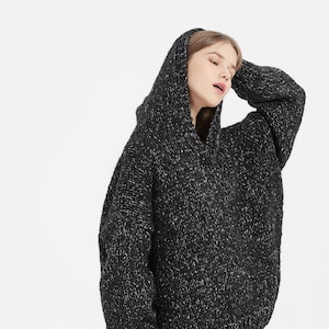 Hand knit oversize woman man unisex pullover hoodie sweater slouchy wool sweater