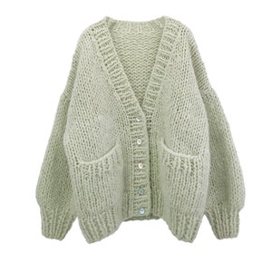 Hand knit oversize woman sweater Mohair sweater button front cardigan pocket mist green