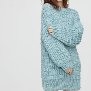 Hand knit woman long sweater OVERSIZED pure chunky wool yarn dress sweater top pullover AQUA