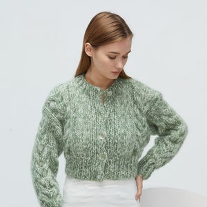Hand knit woman sweater Mohair cable knit short cropped cardigan button front cardigan green/ white blended
