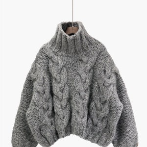 Hand knit oversize woman pullover sweater slouchy grey blend wool mohair high collar cable knit sweater