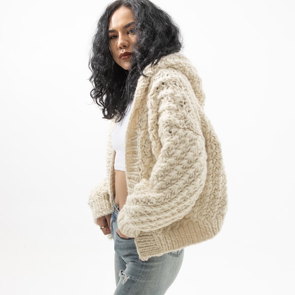 Hand knit oversize woman Hoodie sweater chunky slouchy Cream wool cable knit cardigan