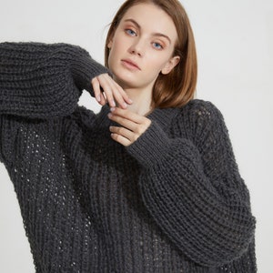 Hand knit woman long sweater OVERSIZED mohair sweater top pullover charcoal