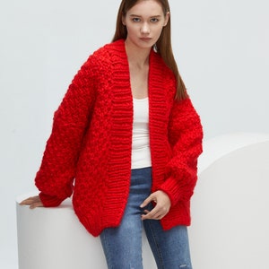 Hand knit oversize woman sweater chunky slouchy Red wool cardigan