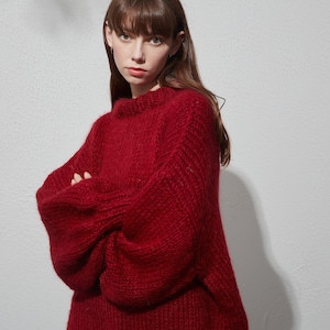 Hand knit woman long sweater OVERSIZED mohair dress sweater top pullover Boat neckline Deep red