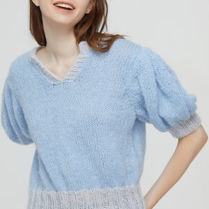 Hand knit woman sweater mohair Light weight short puff sleeve V-neck cropped pullover sweater top light blue