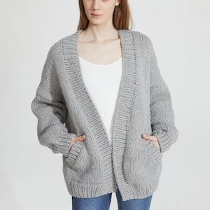 Hand knit oversize unisex men woman sweater chunky slouchy wool cardigan charcoal