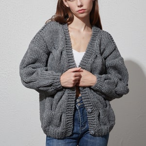 Hand knit oversize woman cotton sweater chunky slouchy charcoal cable knit short button front cardigan