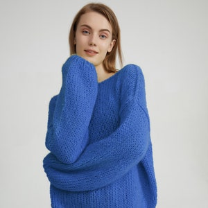 Hand knit woman sweater mohair loose knit sweater top pullover blue