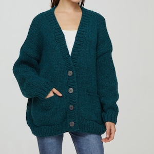 Hand knit oversize woman sweater Mohair sweater button front cardigan pocket Dark Forest Green