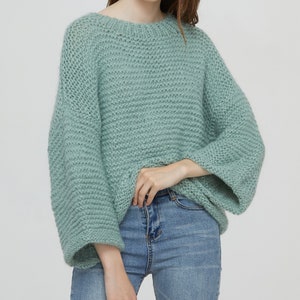 Hand knit woman sweater OVERSIZED mohair cropped sweater top pullover Jade green sweater