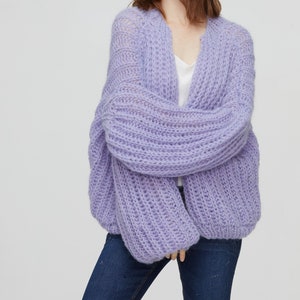 Hand knit woman sweater mohair cardigan Lilac sweater top puffy sleeves