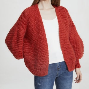 Hand knit oversize woman sweater chunky slouchy Mohair wool short cardigan Burnt Sienna