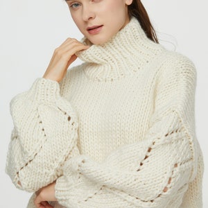 Hand knit oversize woman pullover sweater slouchy wool turtleneck sweater white cream