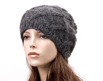 Hand Knit Hat wool Beret Hat Charcoal hat - ready to ship