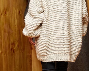 Hand knit oversize woman sweater Crew neck slouchy wool oats cream sweater