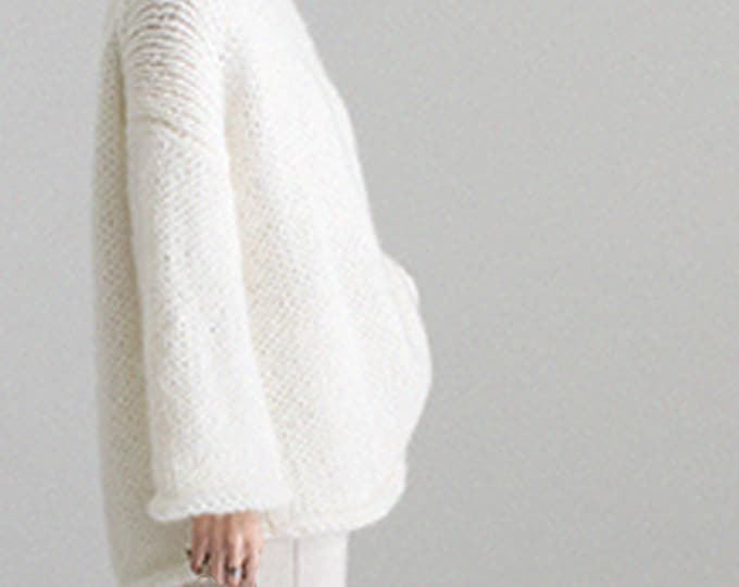 Hand knit woman sweater OVERSIZED mohair sweater top pullover White cream sweater