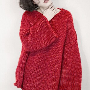 Hand knit woman sweater OVERSIZED mohair sweater top pullover RED sweater
