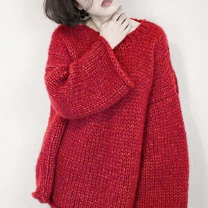 Hand knit woman sweater OVERSIZED mohair sweater top pullover Foggy Blue sweater Red