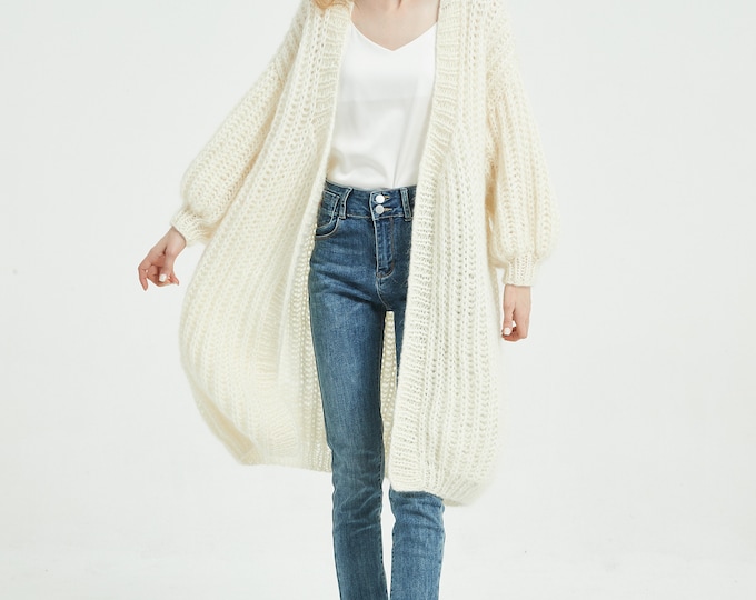 Hand knit woman long sweater mohair long cardigan sweater
