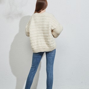 Hand knit oversize woman sweater chunky Cream wool knit cardigan image 7