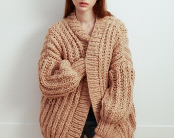 Hand knit oversize woman sweater chunky slouchy Wheat wool chunky knit cardigan