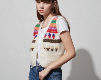 Hand knit woman sweater mohair Light weight cropped vest cardigan sweater