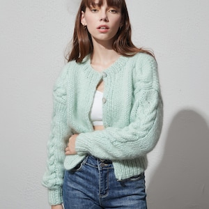 Hand knit woman sweater Mohair cable knit short cropped cardigan button front cardigan Aqua