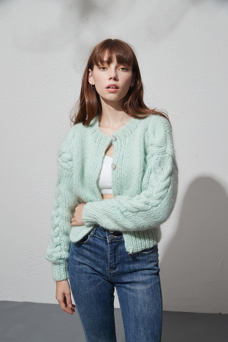 Hand knit woman sweater Mohair cable knit short cropped cardigan button front cardigan Aqua