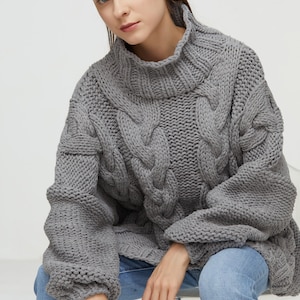 Hand knit oversize woman pullover sweater slouchy grey cotton high collar cable knit sweater