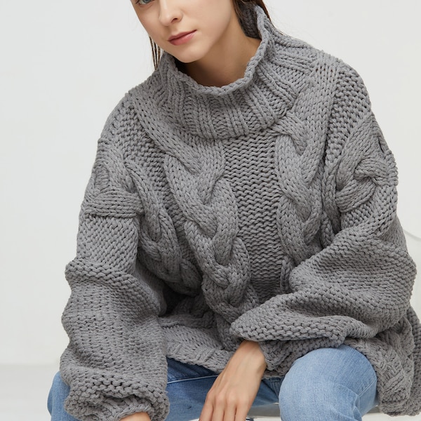 Hand Knit Oversized Cotton Cable Knit Sweater - High Collar Slouchy Pullover