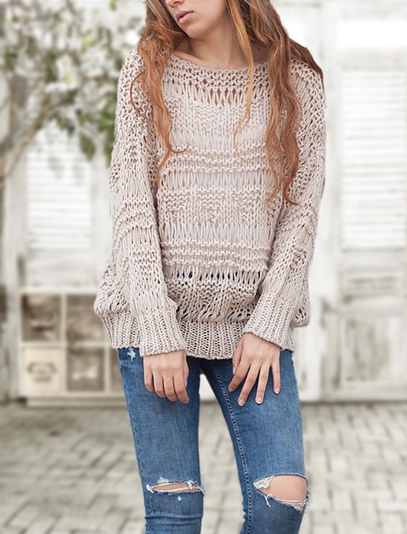 Hand knit sweater wool woman sweater long sweater Beige loose | Etsy