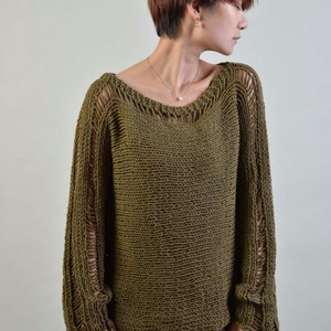 Hand Knit Woman Sweater Eco Cotton sweater in olive green image 1