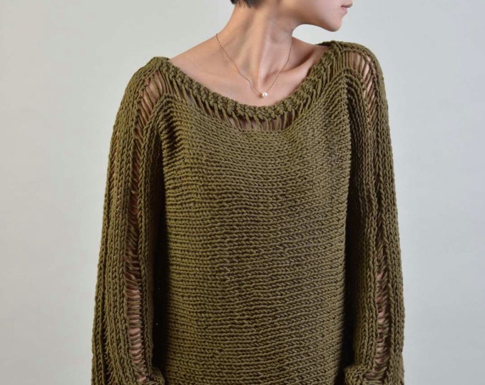 Hand Knit Woman Sweater - Eco Cotton sweater in olive green