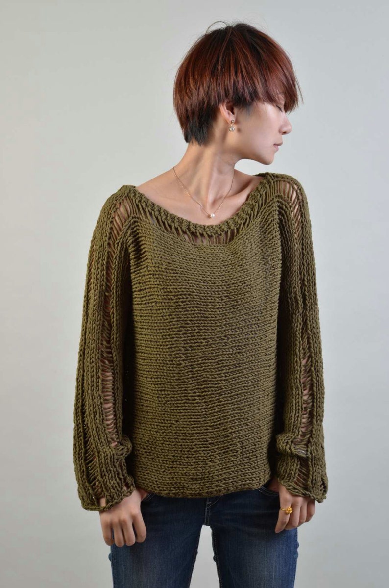 Hand Knit Woman Sweater Eco Cotton sweater in olive green image 1