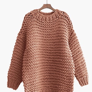 Hand knit oversize woman sweater Crew neck slouchy wool oats cream sweater Peach