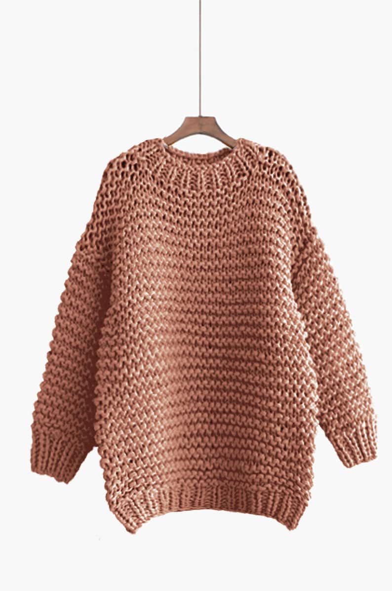 Hand knit oversize woman sweater Crew neck slouchy wool oats cream sweater Peach