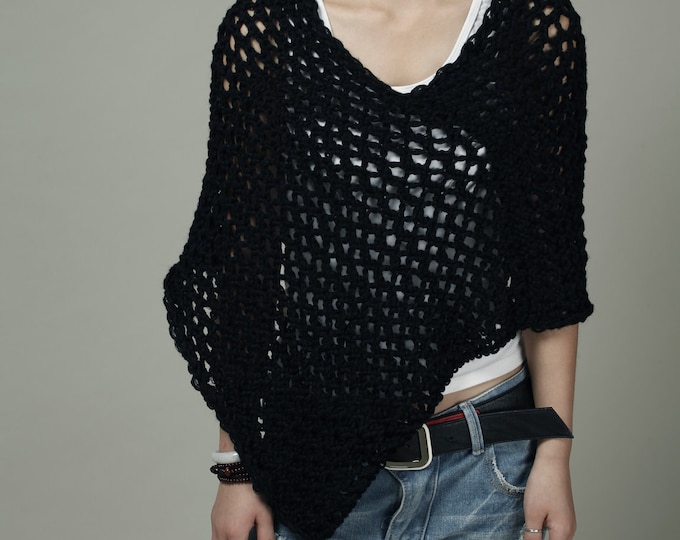 Hand Knit Little cotton poncho Scarf in Black