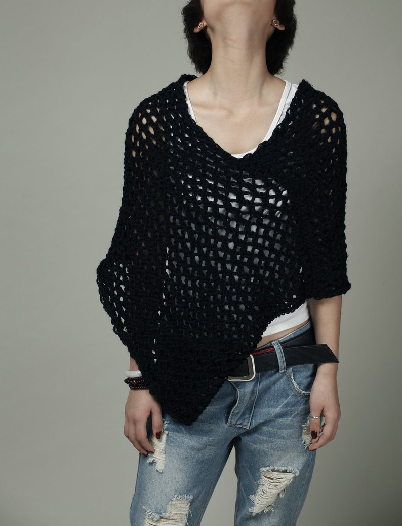 Hand Knit Little cotton poncho Scarf in Black-ready to ship