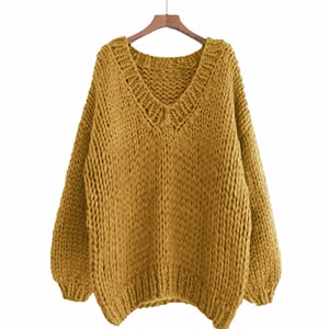 Hand Knit COTTON Sweater Oversize Woman Pullover Sweater V-neck Slouchy ...