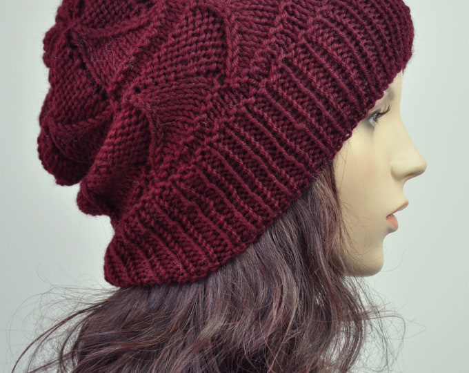 hand knit wool Hat winter hat wine burgundy woman hat