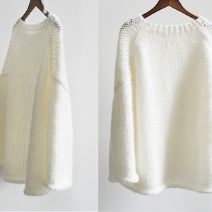 Hand knit woman sweater OVERSIZED mohair sweater top pullover Foggy Blue sweater Cream