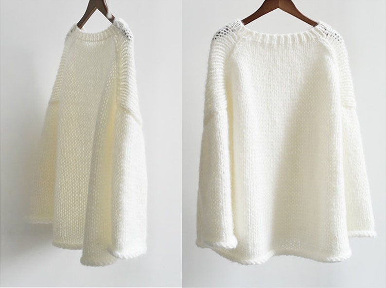 Hand knit woman sweater OVERSIZED mohair sweater top pullover Foggy Blue sweater Cream