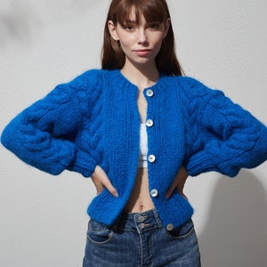 Hand knit woman sweater Mohair cable knit short cropped cardigan button front cardigan Cobalt blue