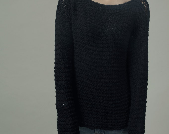 Simple is the best - Hand knit woman sweater Eco cotton oversized black
