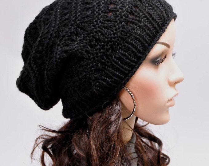 Hand knit hat woman man unisex hat winter slouchy Black Wool Hat - ready to ship