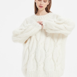 Hand knit oversize woman pullover sweater slouchy mohair crewneck cable knit sweater